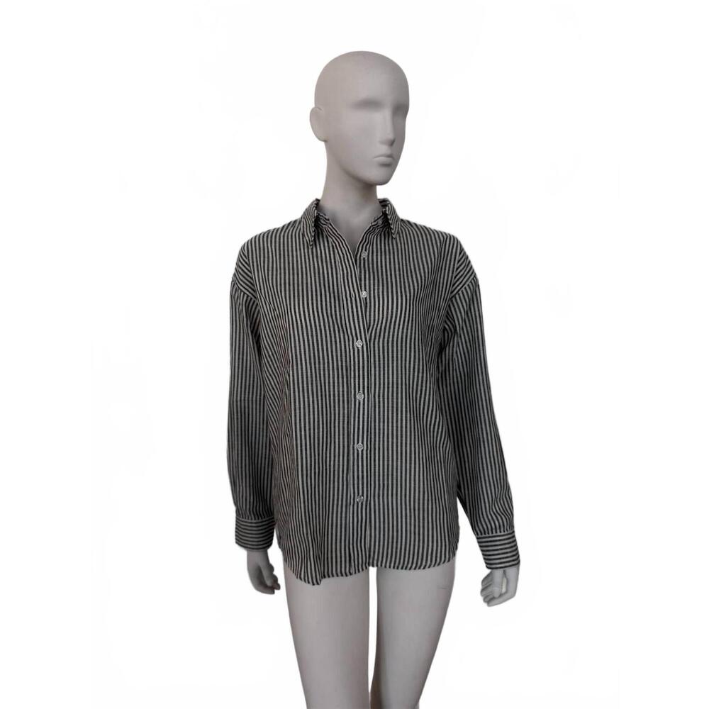 NEW A.REN stripe linen button-down shirt in black/white